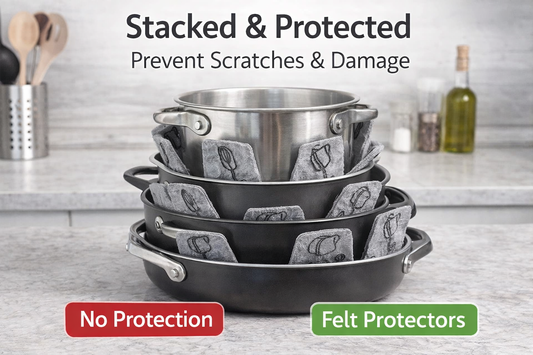 Pot & Pan Felt Protectors Set of 4 – Cookware Stackable Pads to Prevent Scratches, Non-Slip Pan & Pot Separators for Safe Storage and Space Saving