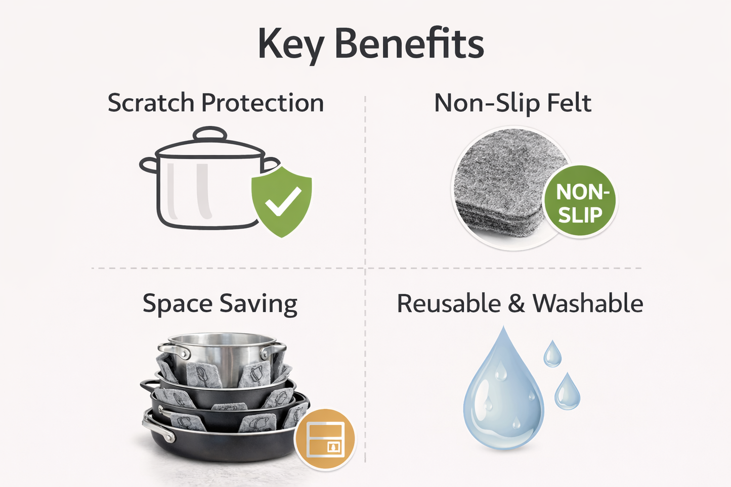 Pot & Pan Felt Protectors Set of 4 – Cookware Stackable Pads to Prevent Scratches, Non-Slip Pan & Pot Separators for Safe Storage and Space Saving